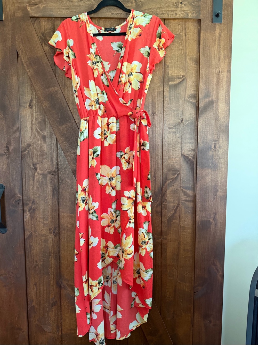 Scobe Floral Faux Wrap High-Low Maxi Dress Coral Red Size L